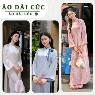 Áo dài cách tân MỘC LAM , chất liệu lụa gấm mềm kết hợp đính nơ cách điệu - Áo Dài Cúc