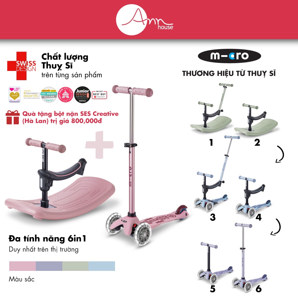 [Thuỵ Sĩ] Xe scooter Micro Mini 6in1 Rock and Go - Đa tính năng cho bé 1 đến 6 tuổi - Bảo hành 2 năm