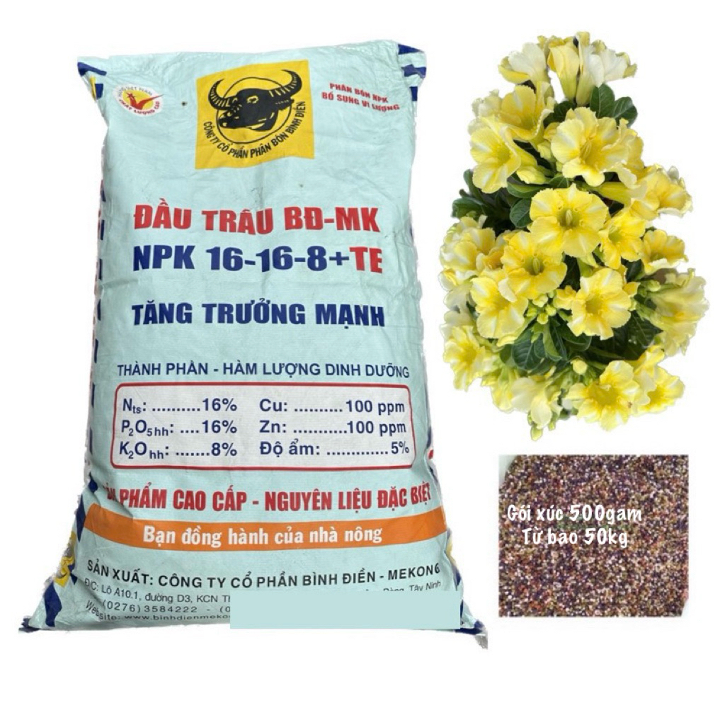 Phân Bón NPK 16 16 8 +TE Bình Điền Đầu Trâu,Gói 500gr Xúc Bao 50kg.Nảy Chồi Ra Lá Dưỡng Hoa