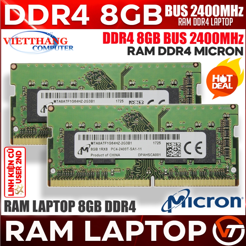 Ram Máy Tính Laptop Micron 8GB DDR4 Bus 2400Mhz Dùng cho Laptop Tháo máy đẹp như mới ( Cũ - 2nd )