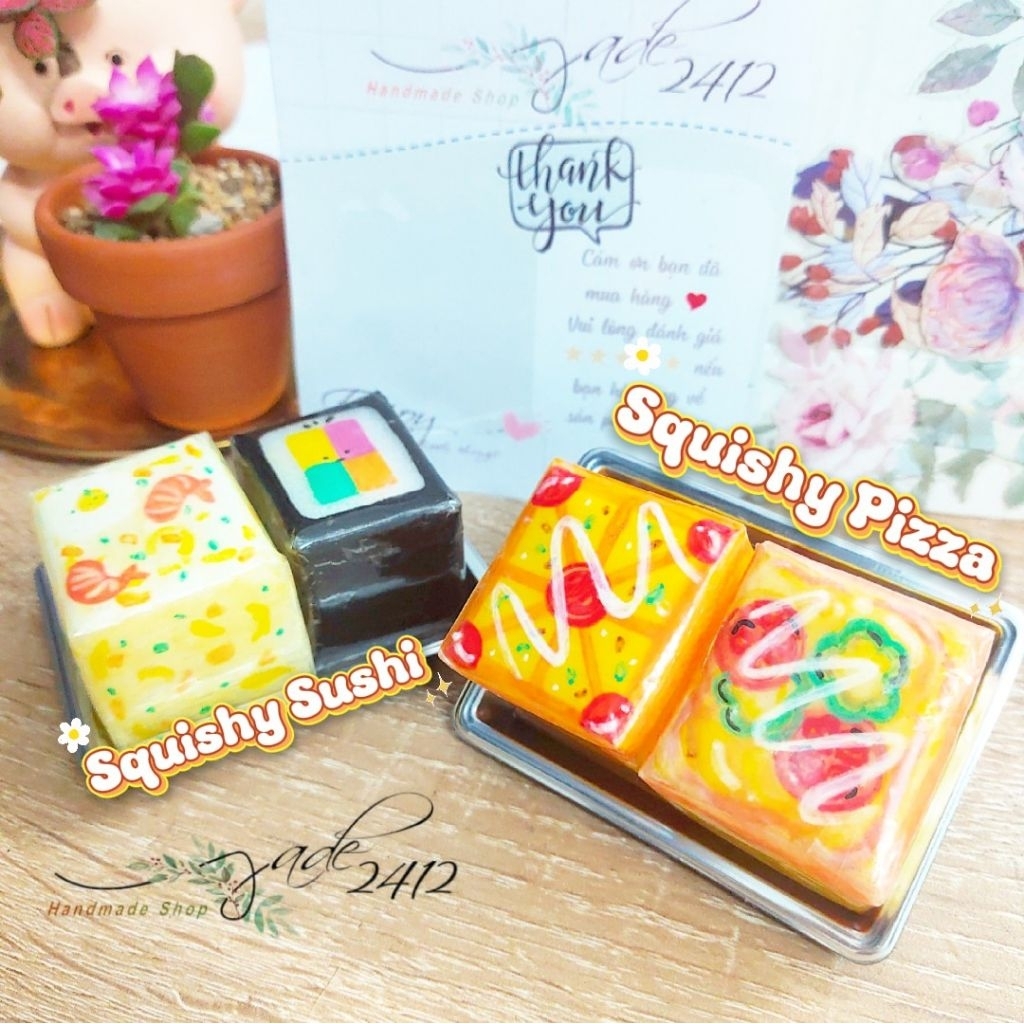 ĐỒ CHƠI SQUISHY GIẤY HANDMADE - SQUISHY PIZZA SUSHI DỄ THƯƠNG TÔ MÀU TRANG TRÍ NHÀ BÚP BÊ