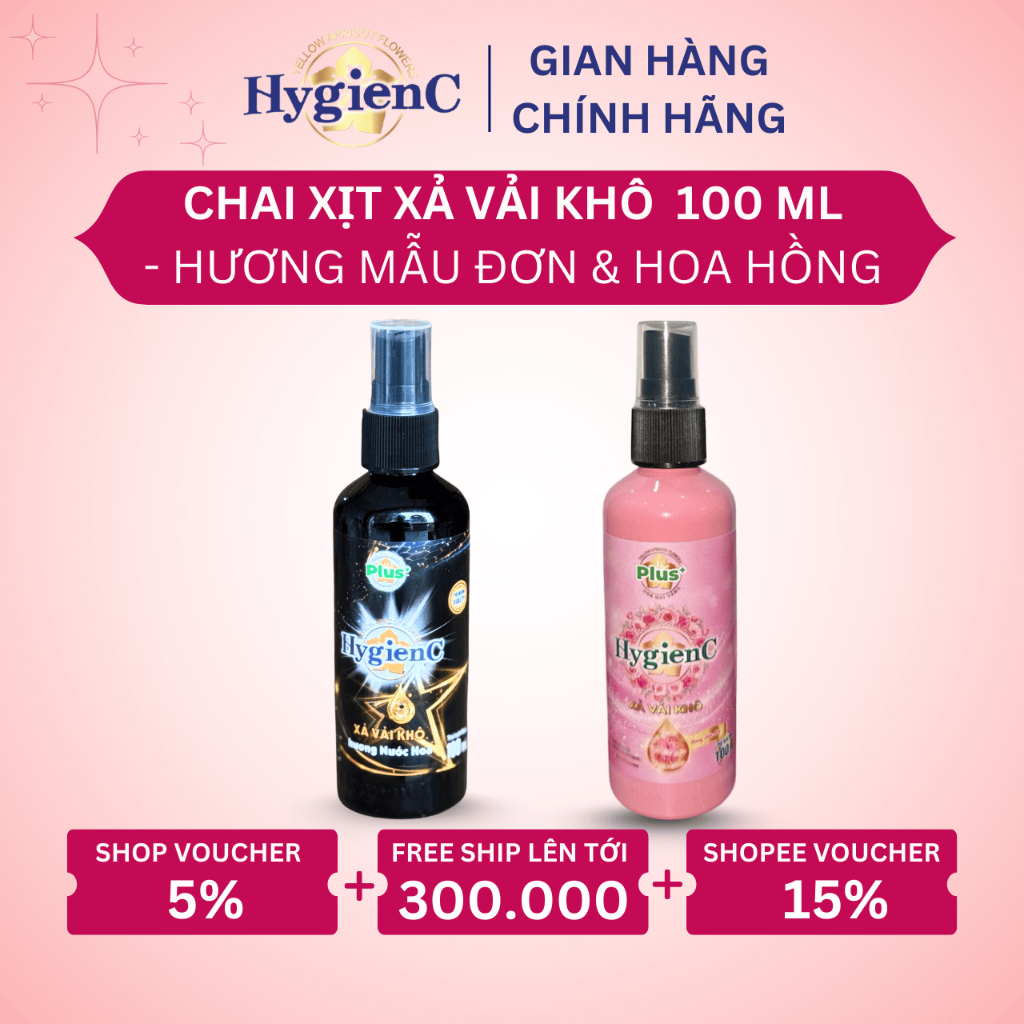Chai Xịt Xả Thơm Quần Áo HygienC Plus 100 ML Tiện Lợi - Hương Hoa Mẫu Đơn /Hoa Hồng (Xả Vải Khô)