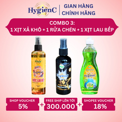 Bộ 3 Sản Phẩm Hygienc Plus: 1 Xịt Vải Khô 100ml + 1 Nước Rửa Chén 400ml + 1 Xịt Lau Bếp 250ml