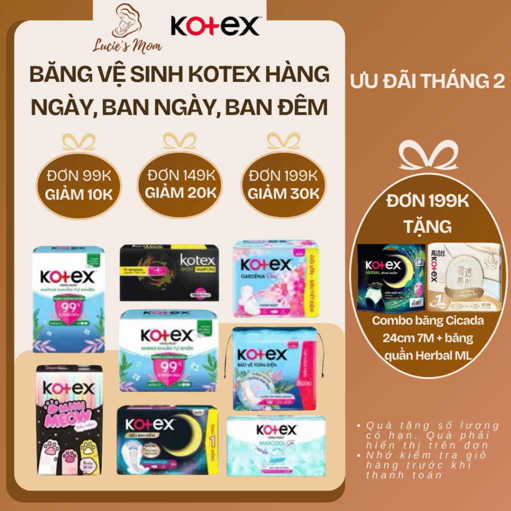 [Combo 4 gói] Băng Vệ Sinh Kotex Hàng Ngày / Ban Ngày / Ban Đêm - Khô Thoáng Thấm Hút - Lucie's Mom