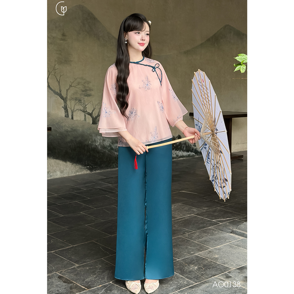 Pháp phục nữ, đồ lam lễ chùa Giian thiết kế vải tơ hoa nhí cao cấp, quần vải lụa ngọc trai AO0138
