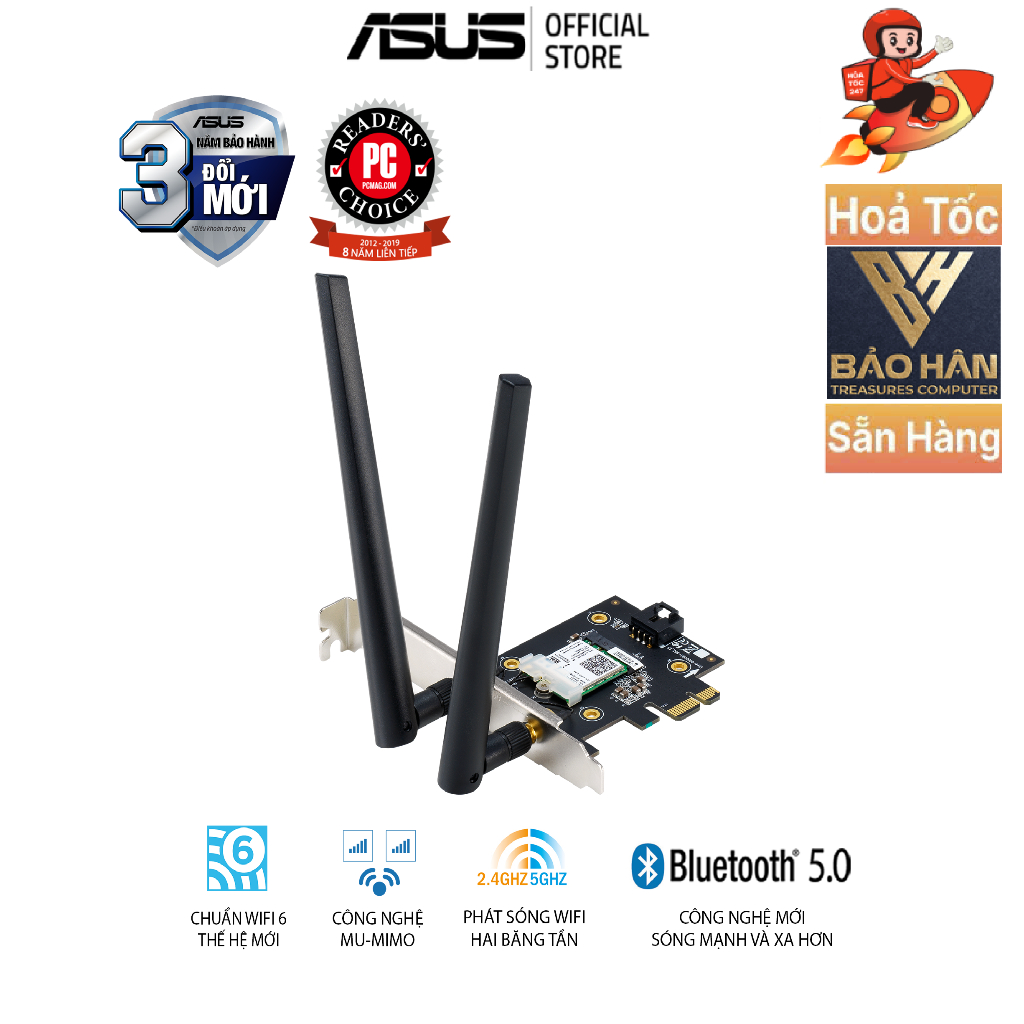 Card Mạng PCIe WiFi 6, Blutetooth 5.0, ASUS PCE-AX3000 Chuẩn AX3000 (Tray no box) - Hàng Chính Hãng