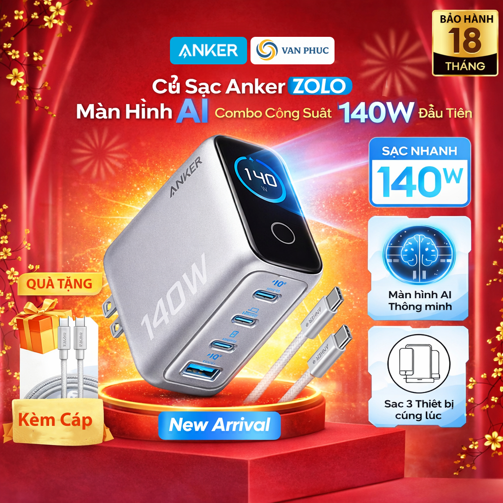 Bộ sạc nhanh Anker ZoLo 140W (4 cổng, GaN) sạc được cho Laptop- 3USB-C PD & 1 USB-A sạc 4 thiết bị c