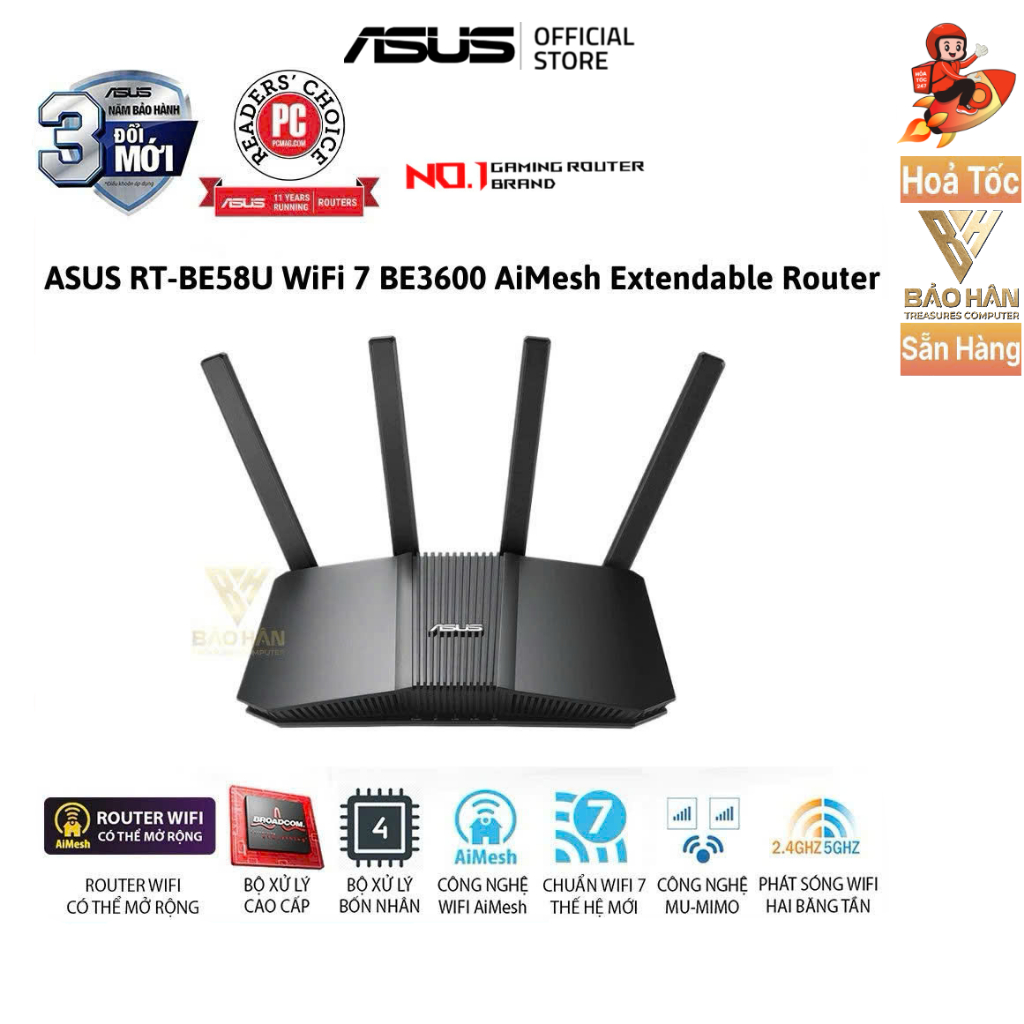 Router Wifi  Asus RT-BE58U WiFi 7 BE3600, Chuẩn WiFi 7 (802.11be) 2 Băng Tần, Mesh Mở Rộng - Hàng Ch