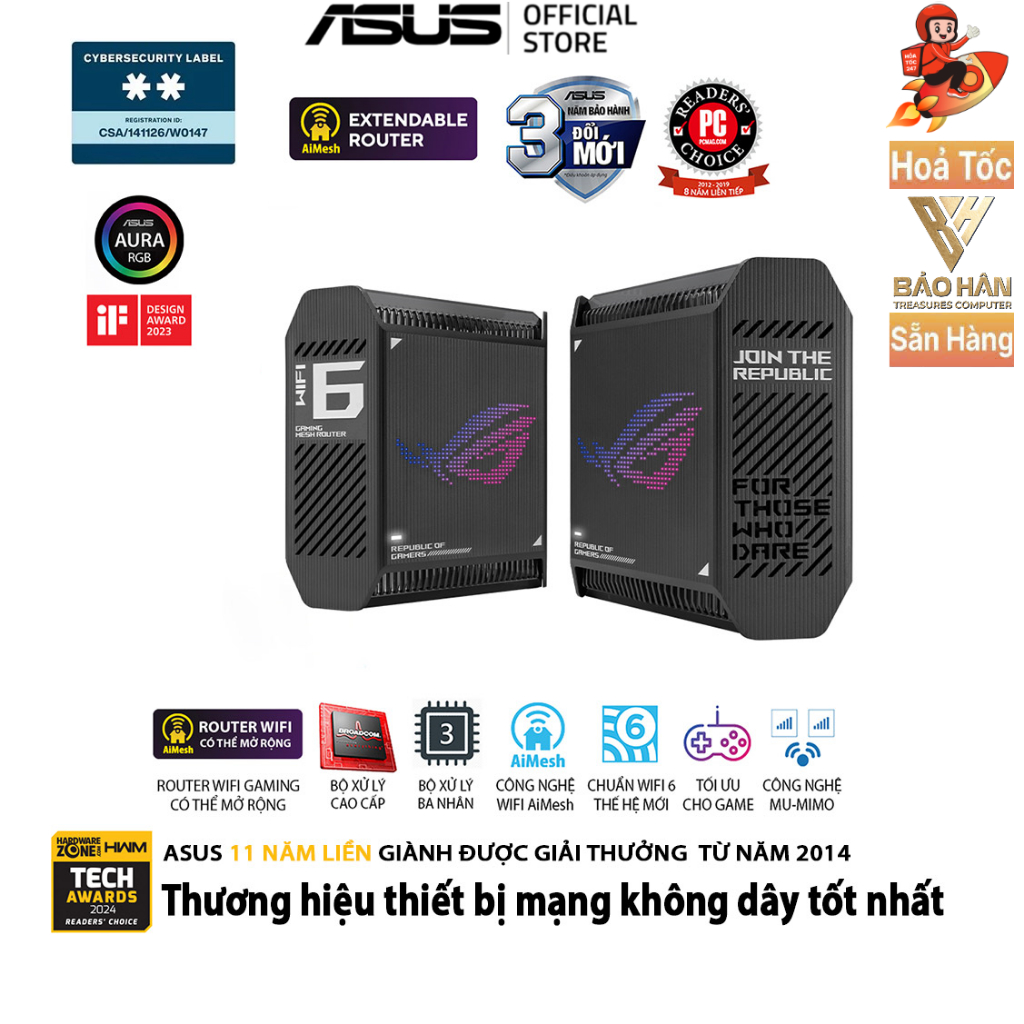 Router Wifi 6 Gaming Asus GT6(B-2-PK) Bộ 2 Pack, Tốc Độ AX10000 x 2, Hỗ Trợ WiFi AI Mesh, 3 Băng Tần