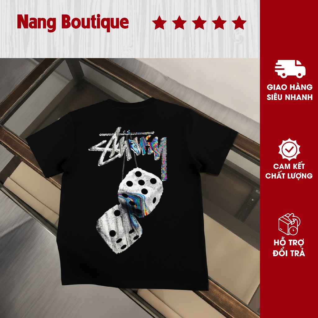 Áo Thun Unisex Cotton 100% 250GSM Dày Dặn Co Giãn In Hình Stussy Xúc Xắc Form Oversize