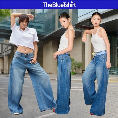 TheBlueTshirt - Quần jeans ống rộng cạp trễ thiết kế xếp ly bên hông cho nữ - GrandDaughter Jeans