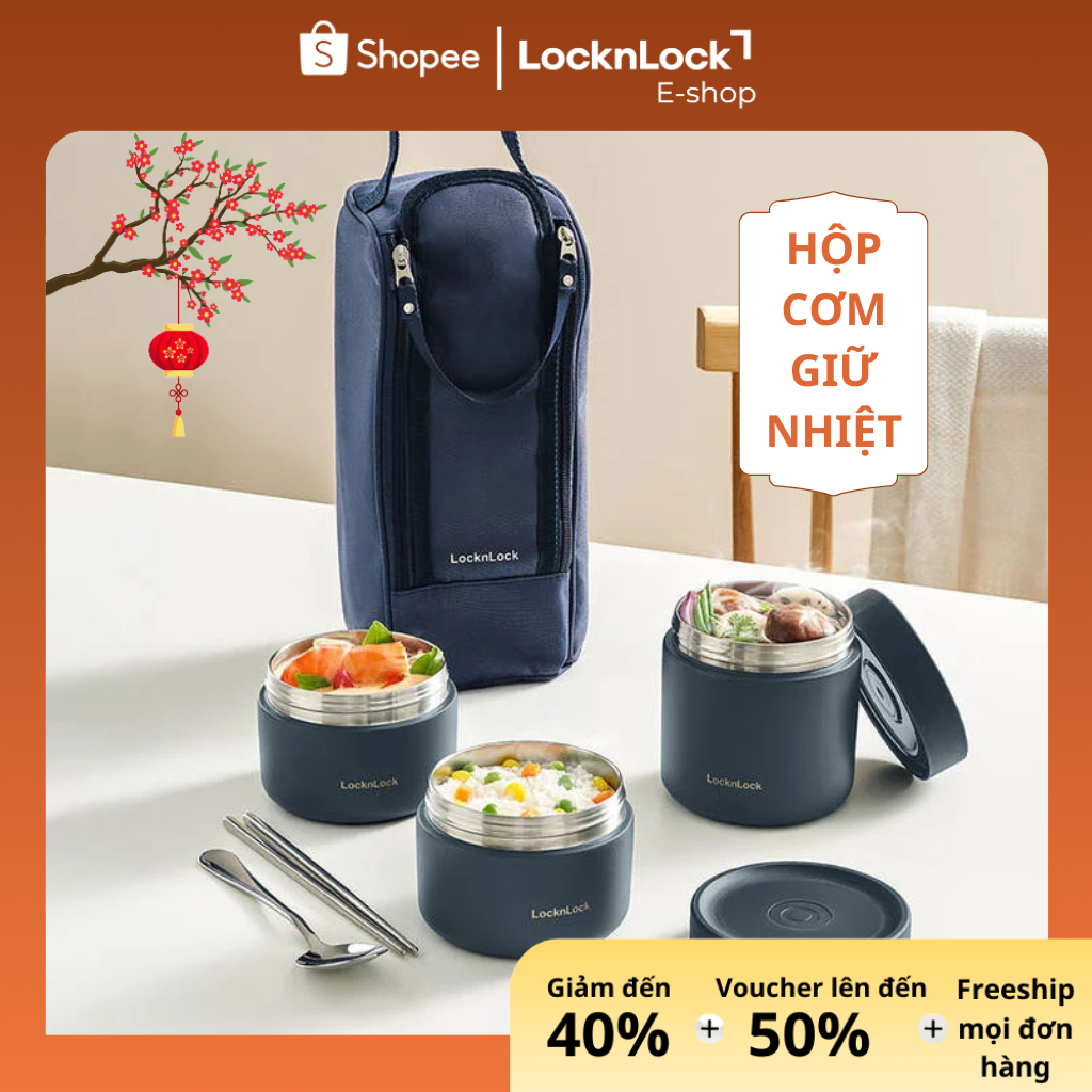 Hộp Cơm Giữ Nhiệt LocknLock Pump Vacuum 3 Ngăn Kèm Đũa Thìa Túi Xanh Navy LHC8052S01 Chính Hãng