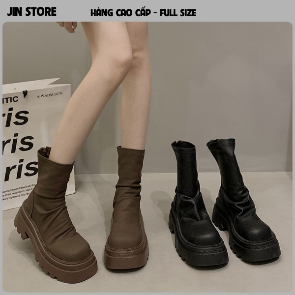 Giày bốt nữ đế dày cao gót cổ lửng màu nâu đen da trơn cao cấp sang chảnh GB006