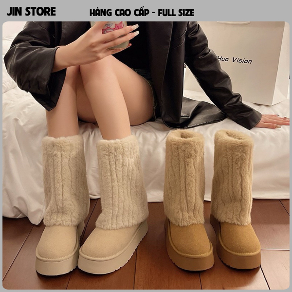 Giày bốt nữ cổ lông xù phối da lộn siêu ấm phong cách Hàn Quốc sang chảnh B24