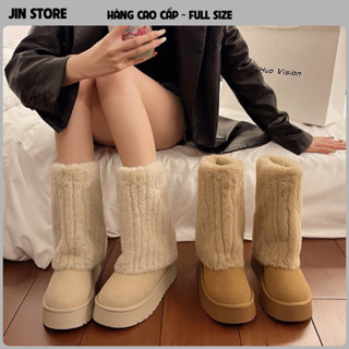 Giày bốt nữ cổ lông xù phối da lộn siêu ấm phong cách Hàn Quốc sang chảnh B24