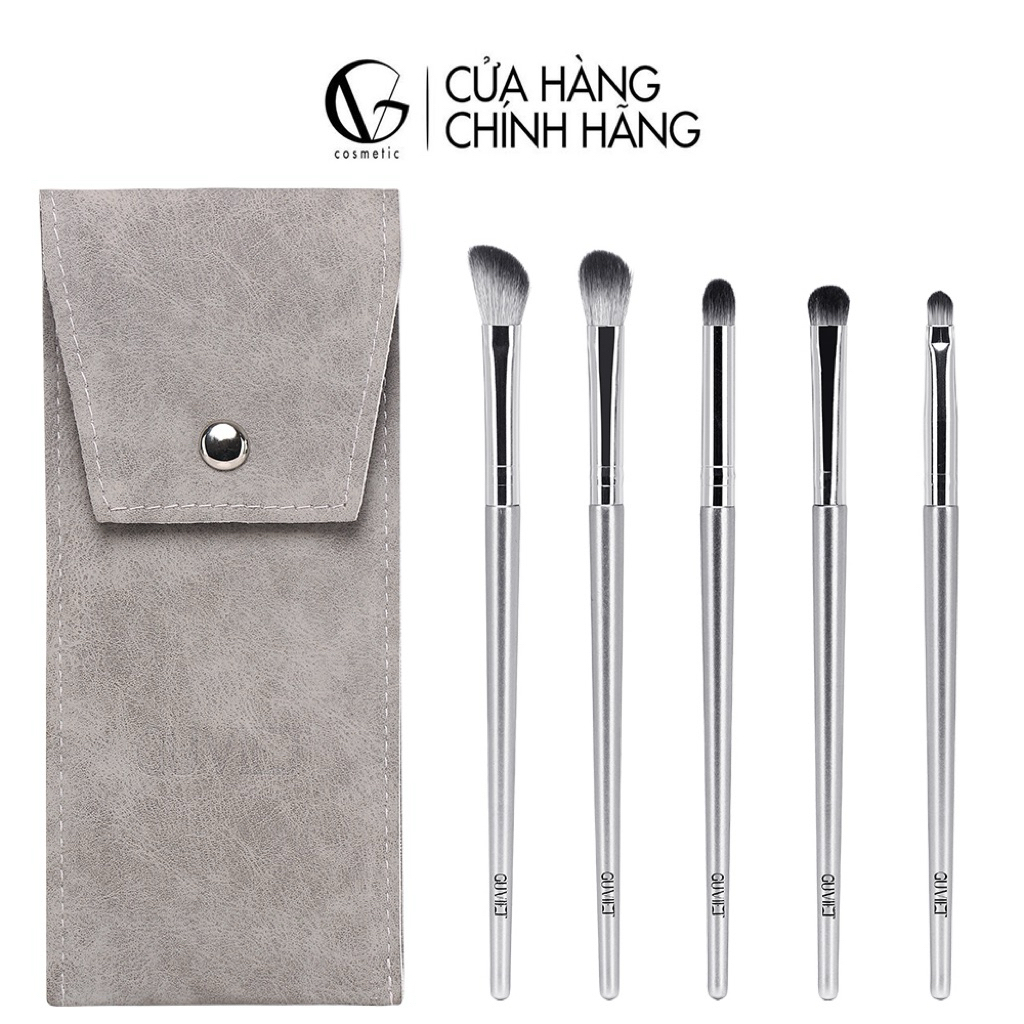 KOL X GUVIET] Bộ cọ trang điểm mắt GUVIET gồm 5 cọ màu bạc đi kèm theo túi da đựng cọ