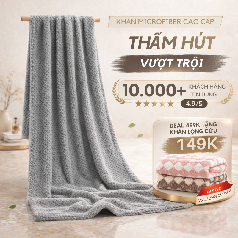 Khăn tắm cỡ lớn sợi microfiber cao cấp công nghệ Nhật siêu thấm nước, siêu mềm, siêu nhẹ Việt Thư