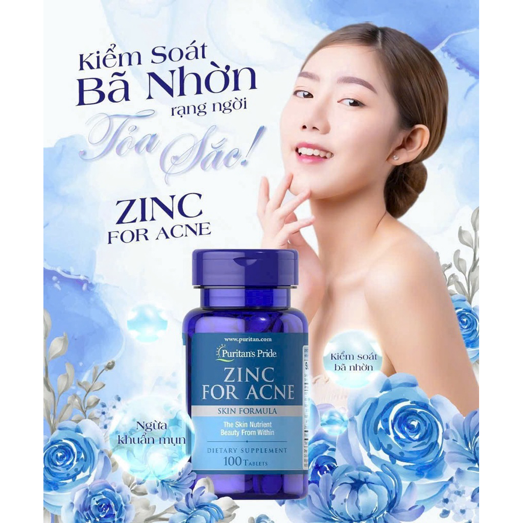 Viên uống kẽm ngừa mụn trứng cá , kiềm dầu Puritan’s Pride Zinc For Acne 100 Tablets