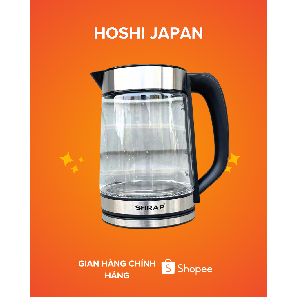 B127 Mã Lớn- Ấm Siêu Tốc Nước Thủy Tinh Cường Lực USHRAP 2.2 Lít Quai Cầm Chịu Lực , Bọc Inox Sang Trọng