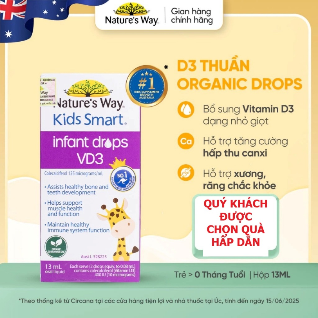 (CHỌN QUÀ) Vitamin D3 ORGANIC Nature’s Way, D3 Thuần Cho Bé Nature's Way Kids Smart Infant Drops VD3