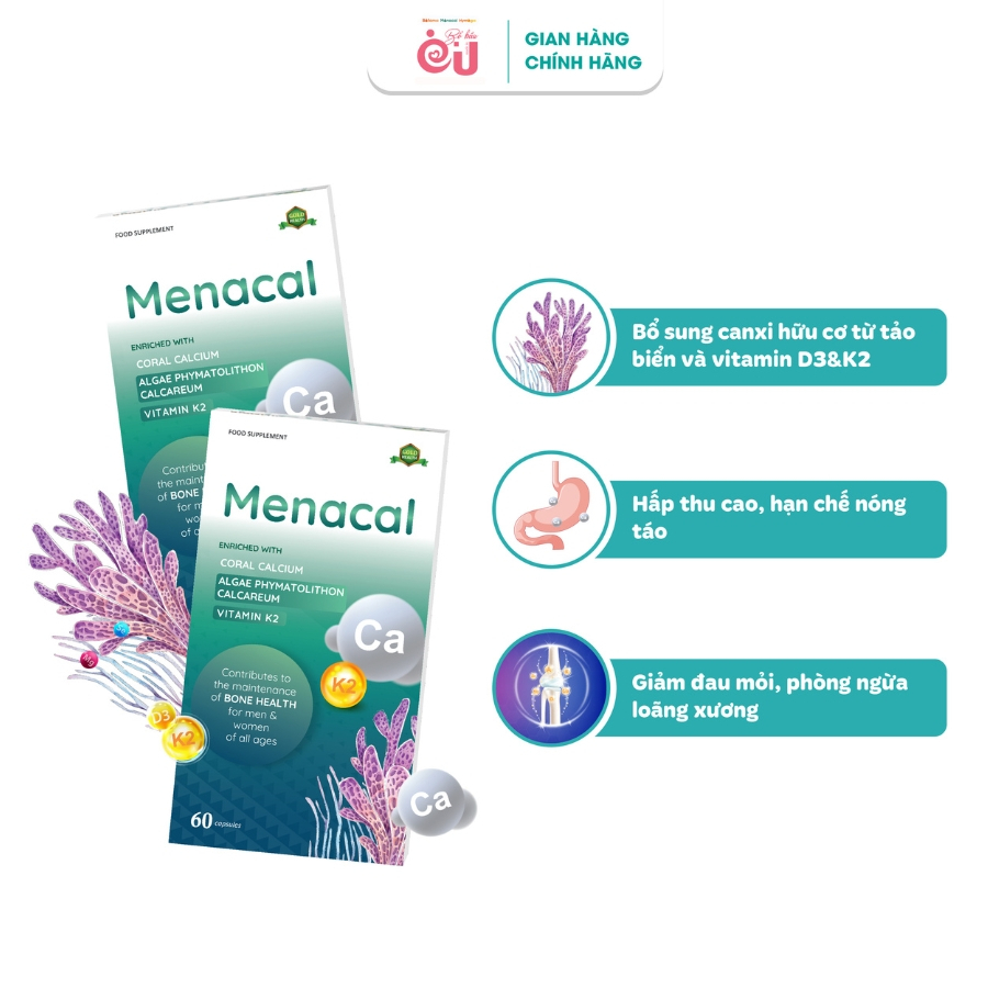 Hộp 60 Viên Canxi Tảo Biển MENACAL Chính Hãng - Bổ Sung Canxi Dễ Hấp Thu, Không Nóng Táo Cho Mẹ Bầu,