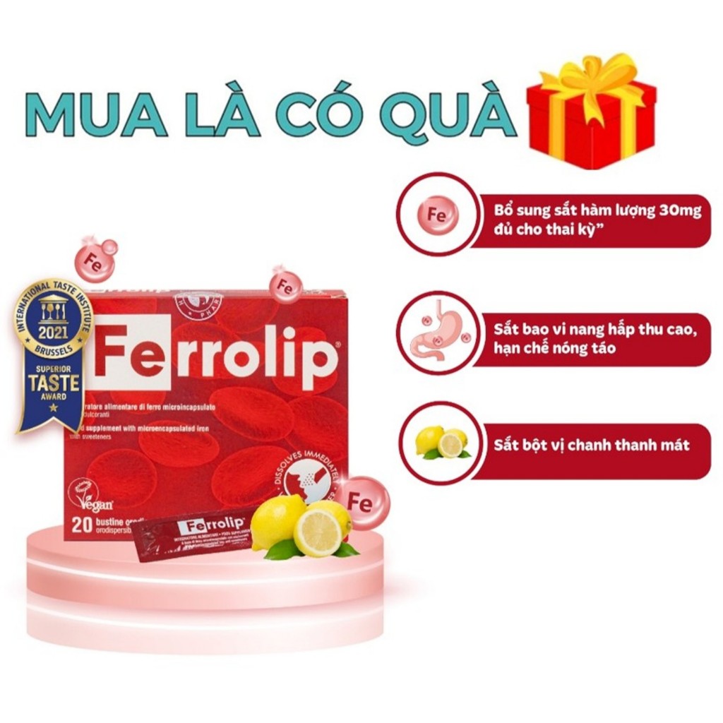 (CHỌN QUÀ) Hộp 20 Gói Sắt bột Ferrolip Chính Hãng cho bà bầu mẹ sau sinh và người thiếu máu HM