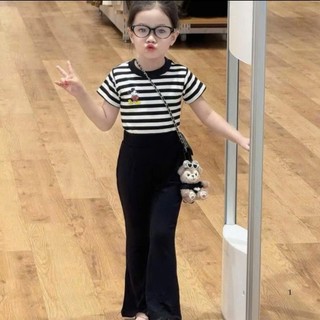 [14-44kg] Bộ quần dài áo cộc quần ống loe cho bé gái chất vải thun tăm , mềm mại, co giãn thoải mái mã BỘ TĂM KẺ.