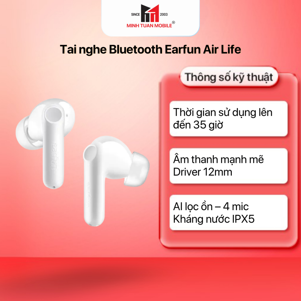 Tai Nghe Bluetooth Earfun Air Life True Wireless Bluetooth 5.4 Pin 35H Âm thanh mạnh mẽ Kháng nước