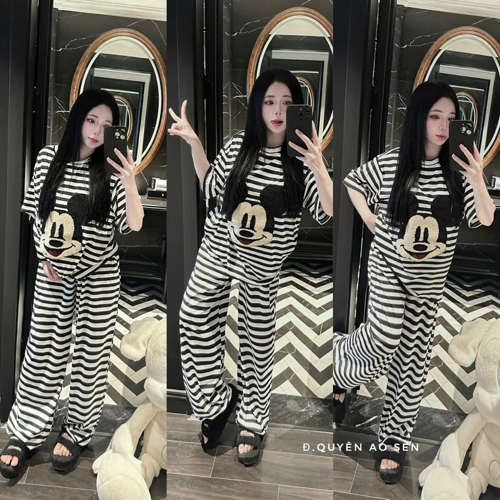 Set Bộ Nữ , Set Bộ Thun Cotton Kẻ Thêu Hình Chuột Tay Ngắn