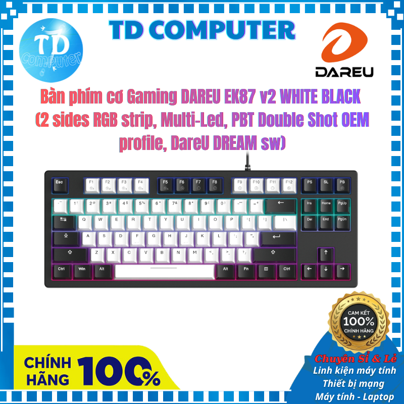Bàn phím cơ Gaming DAREU EK87 v2 White Black - Hàng chính hãng