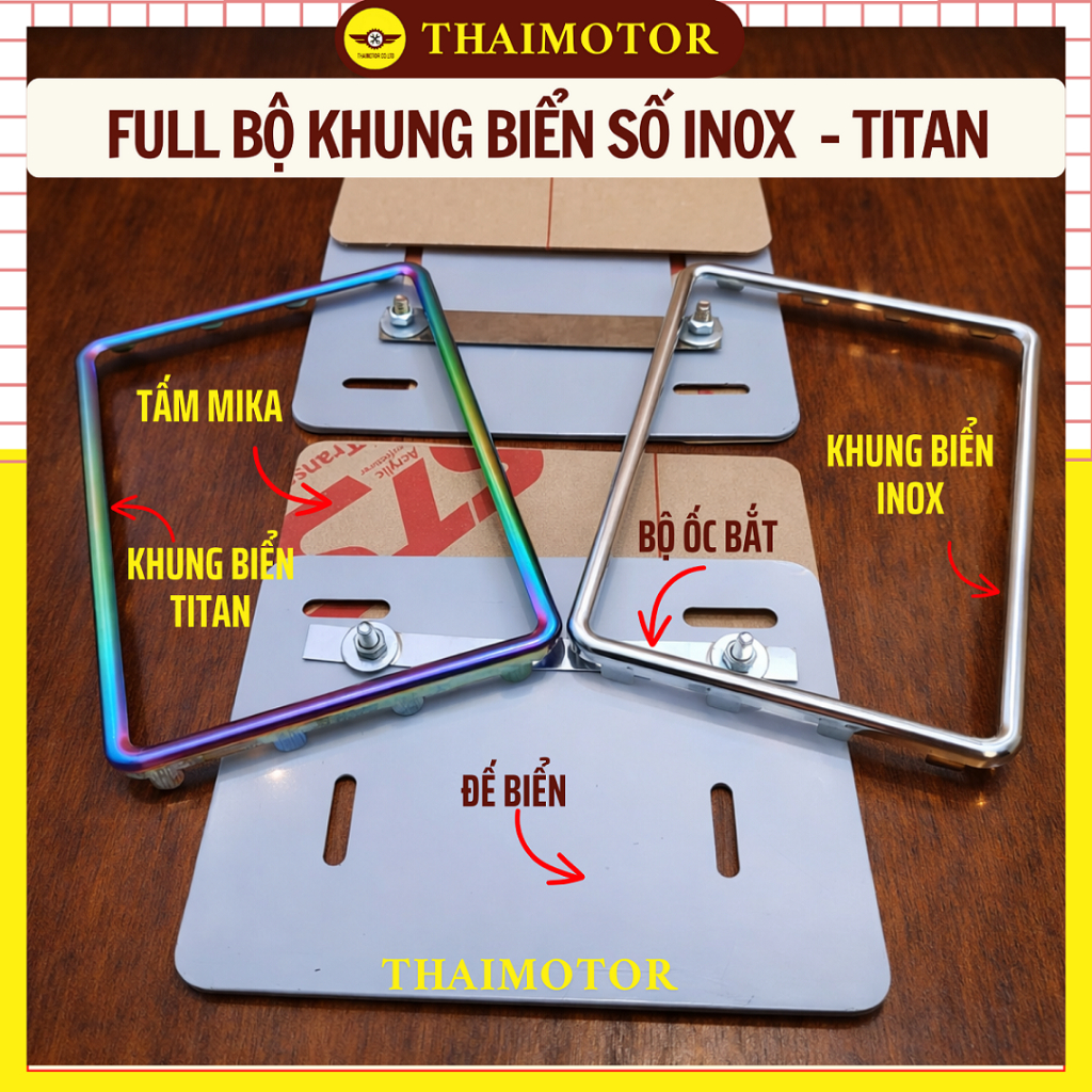 Bộ Khung Biển Số Titan, Inox Cho Xe Máy Cho Dream Wave Future Cup Vision Lead Vario Đầy Đủ Mica Đế Biển Ốc Bắt Ko Han Gỉ