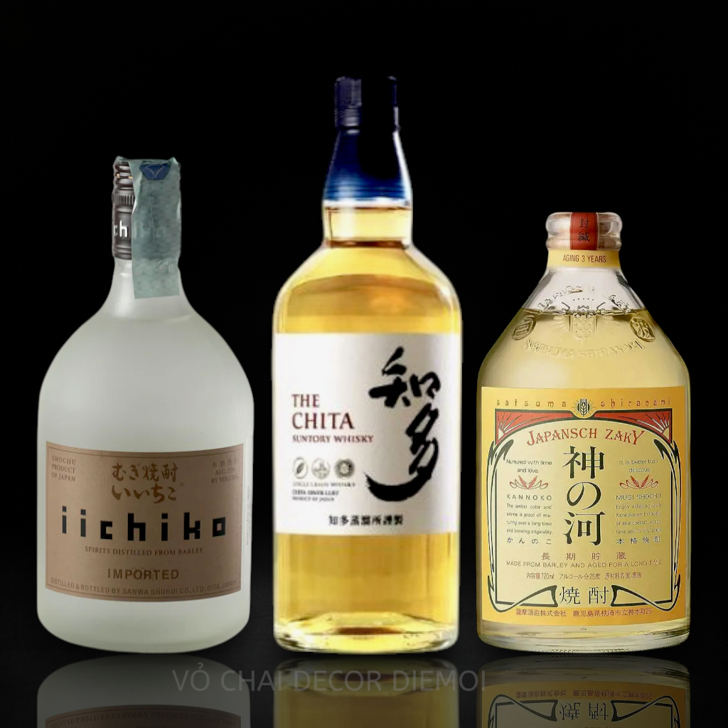Combo 3 Vỏ Chai Rượu Nhật The Chita – Iichiko – Satsuma | Đậm Chất Nhật Bản, Sang Trọng & Tối Giản
