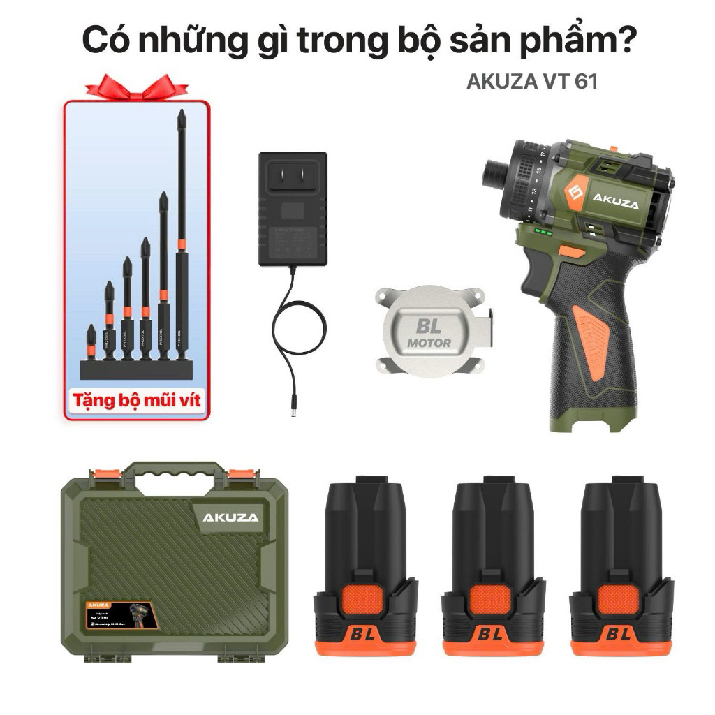 Bộ chuyên vít 16,8V Akuza VT61, Bộ 3 Pin tặng kèm 6 mũi bắn vít
