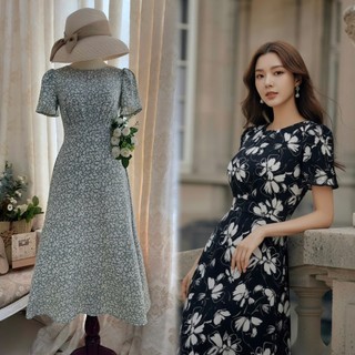 Đầm Midi cổ tròn, tay loe, eo cao, dún ngực, lưng thun, tùng A _ D5.967