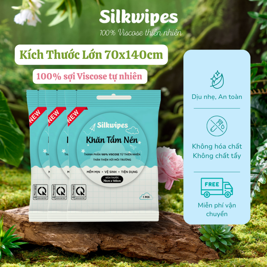 [Vải dày LOẠI 1] 03 Khăn Tắm Nén Silkwipes (70x140cm/30x60cm) phù hợp đi du lịch, dã ngoại