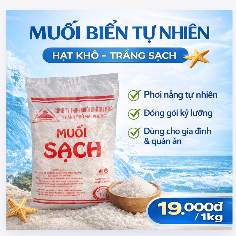 Muối Hạt Sạch Muối Khánh Hòa 1kg – Muối Biển Tự Nhiên 95-99% NaCl, Không Phụ Gia, Dùng Nấu Ăn & Chế 