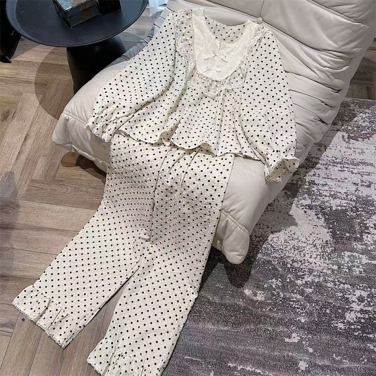 Set pyjama Trắng sữa chấm pi cotton đũimềm cổ tròn nơ bèo - L013 cotton đũi