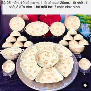 [Bát tràng 25 món ]Bộ bát đĩa hoa mặt trời khay gỗ 45cm, Sét đĩa mặt trời màu trắng viền đen size 48cm