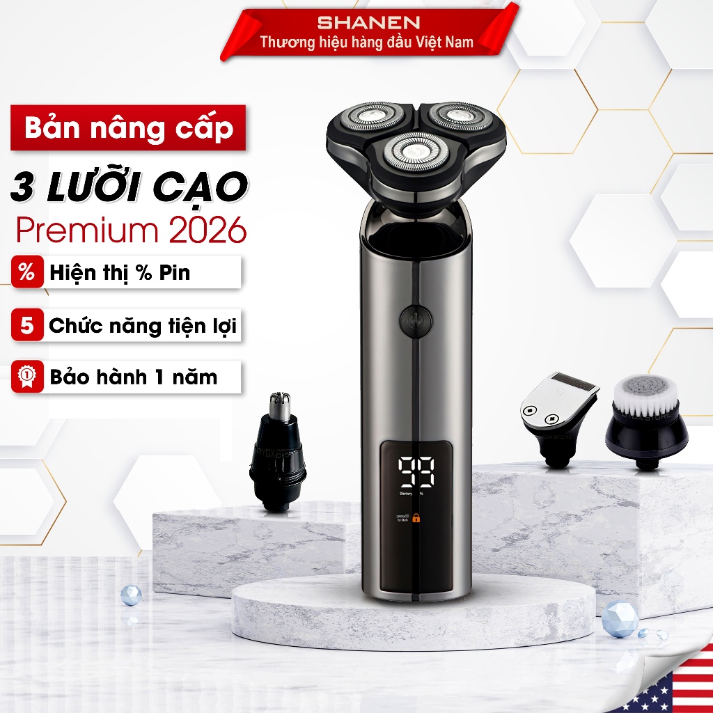 Máy cạo râu đa năng 3 lưỡi chính hãng SHANEN, Tỉa lông mũi tiện lợi, cạo sát, êm, bảo hành 12 tháng