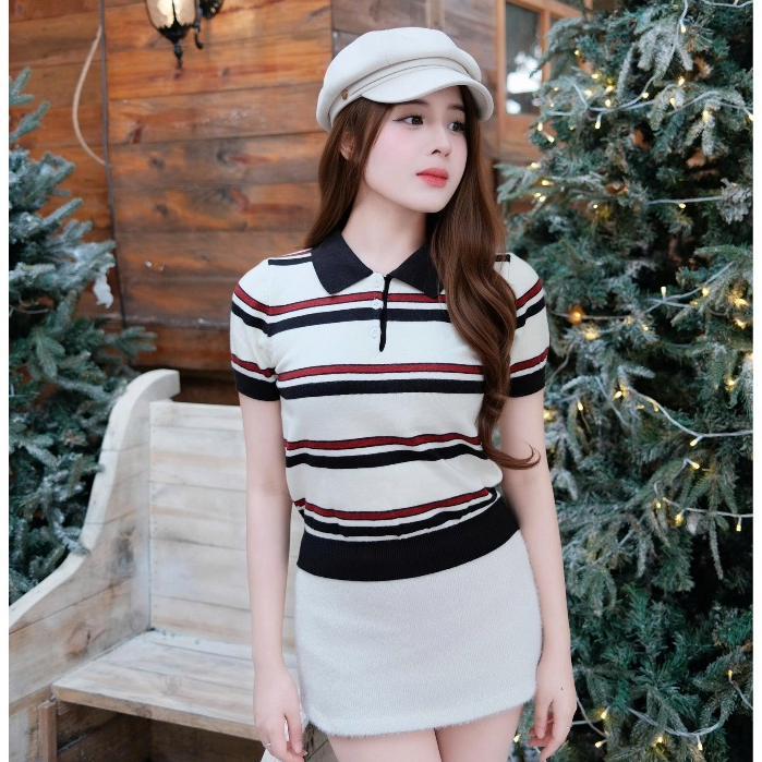 (BST hè HTIQUE) DEAL mở bán Áo len Polo họa tiết kẻ ngang basic, Áo len dệt kim nhẹ nhàng Siêu Xinh 