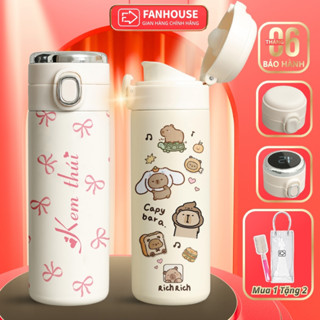 Ly giữ nhiệt khắc tên Fan House bình nước giữ nhiệt 12h inox 304 nắp bật tiện lợi 420ml tặng cọ
