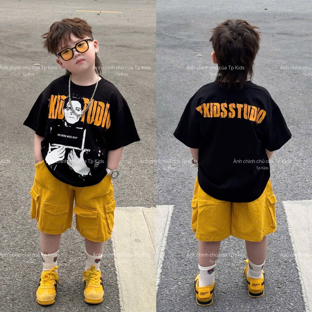Set áo thun cộc tay TP studio vàng kèm quần ngố kaki túi hộp cho bé trai,TPKIDS,[M1224]