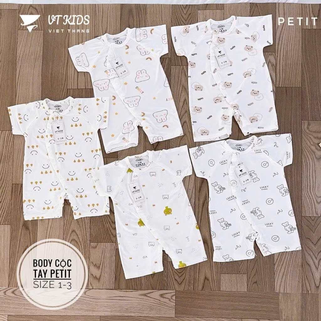 Combo 3 Bộ Body Cộc Tay Petit Cúc Chéo VT Màu Và Họa Tiết Đáng Yêu, Mềm Mát Cho Bé 3-9Kg Babico