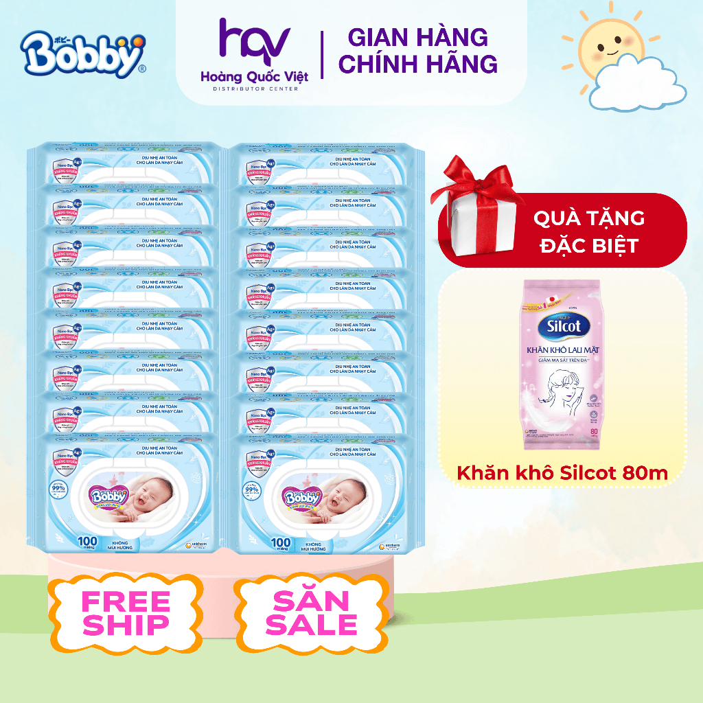 Thùng 16 Gói Khăn Ướt Bobby Xanh 100 Miếng Nano Bạc Không Mùi Kháng Khuẩn Chính Hãng