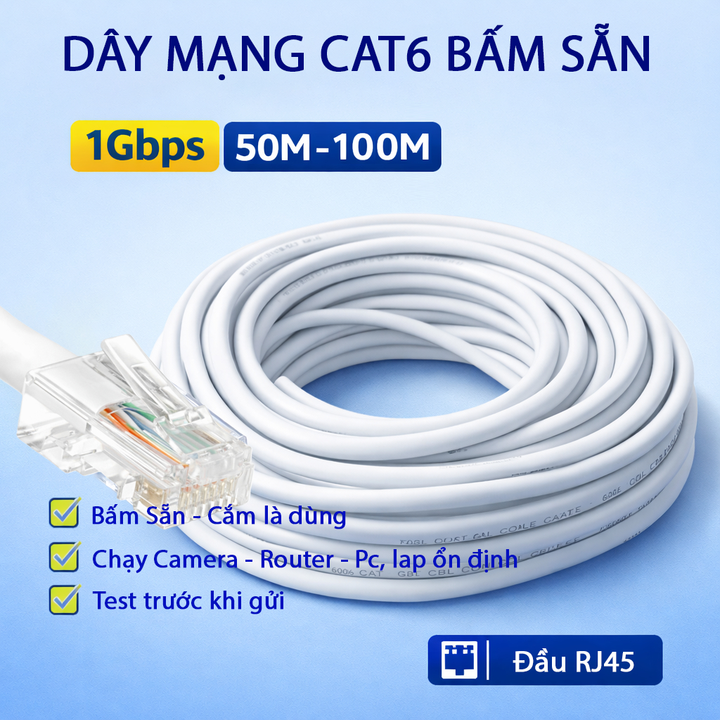 DÂY MẠNG CAT6 Bấm Sẵn 2 Đầu 50m đến 100m - dây mạng lan trong nhà và cáp mạng lan ngoài trời