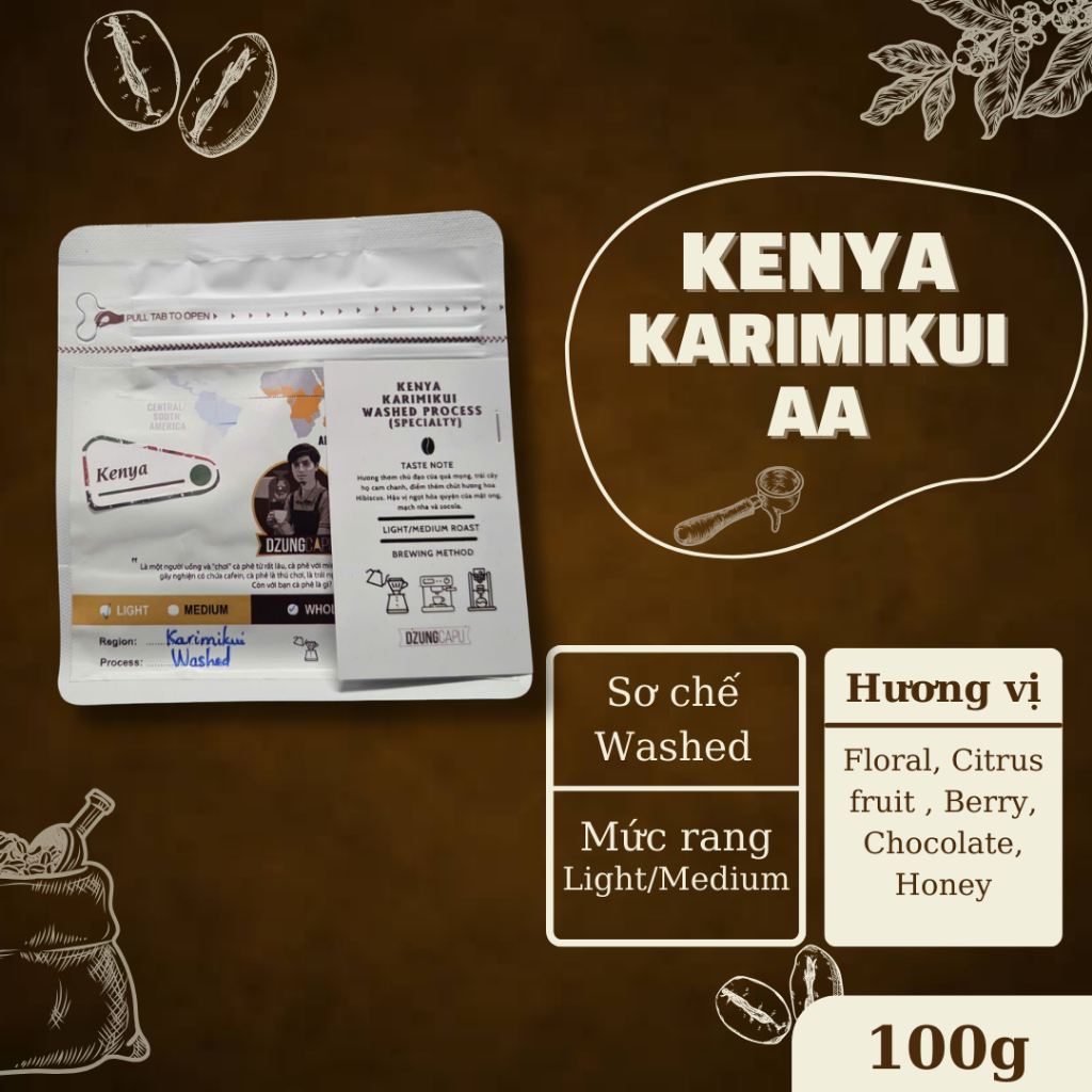 Cà phê Kenya Karimikui AA - Sơ chế Washed - gói 100g - DzungCapu Specialty Coffee