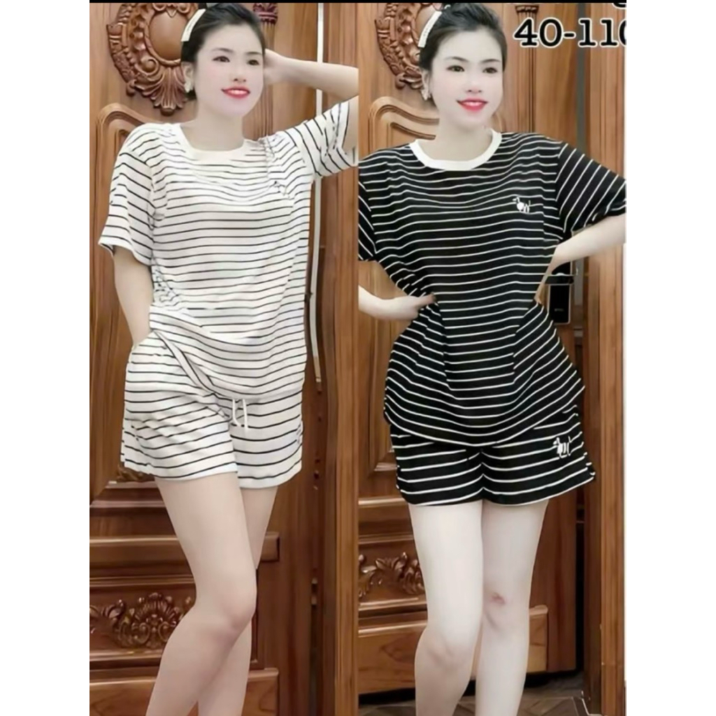 Set Bộ Nữ , Set Bộ Thun Cotton Kẻ Quần Đùi