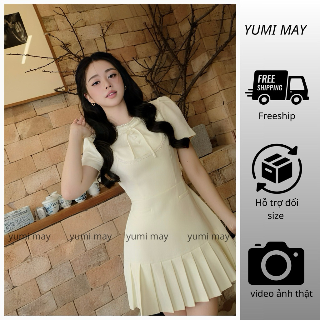 Váy xếp ly xòe dáng tiểu thư tay ngắn phối nơ cổ