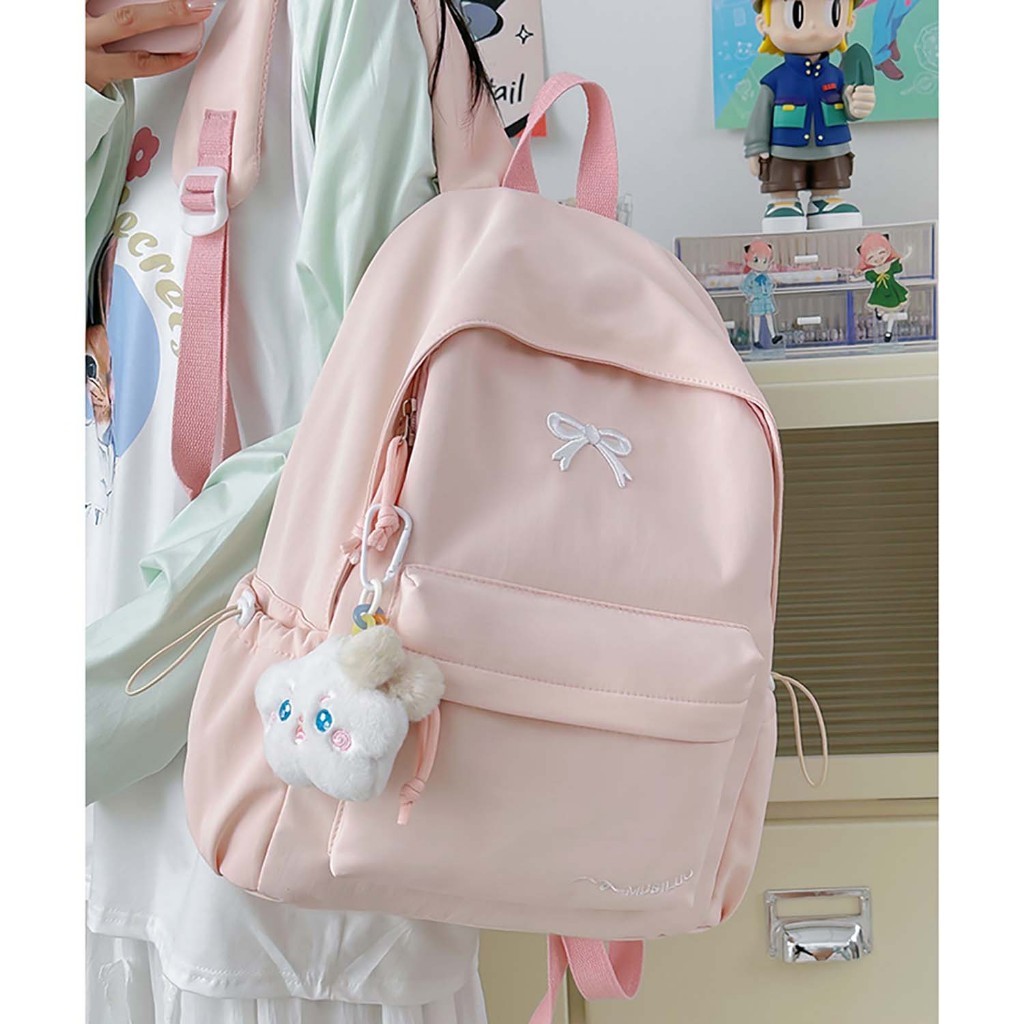 Balo nữ dễ thương thêu nơ Hàn Quốc, Trượt Nước,Size lớn 40cm vừa lap 14inch Nhiều màu – Balo đi học đi chơi
