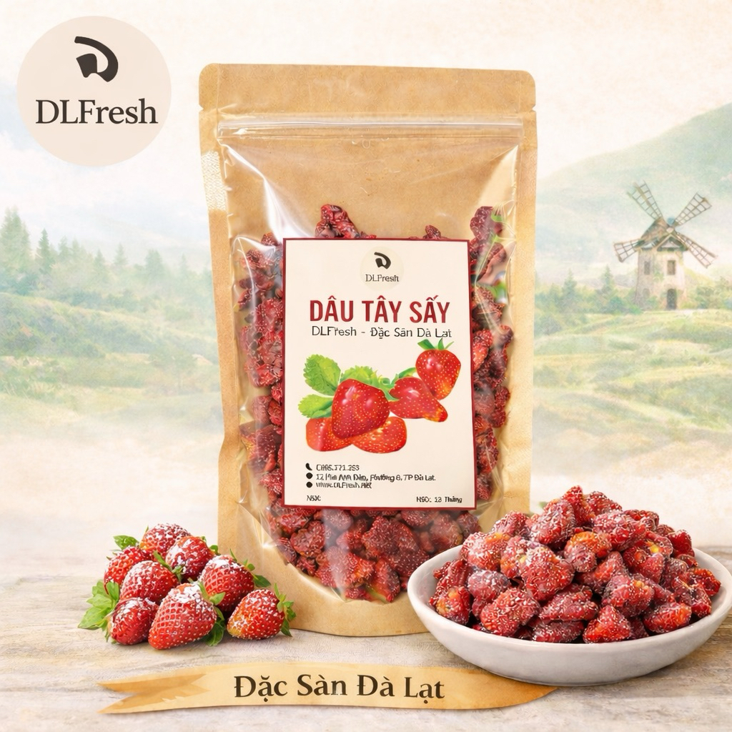 Dâu Tây Sấy Xí Muội DLFresh – Dâu Tây Sấy Dẻo Vị Chua Ngọt Đậm Đà, Ăn Liền, Đặc Sản Đà Lạt